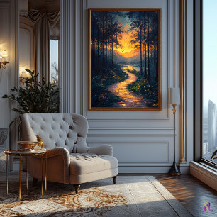 Sunset Forest Path in Impressionist Style Poster