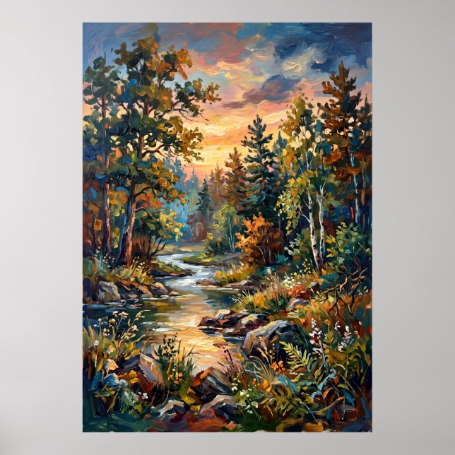 Sunset Forest Stream Landscape Poster (Front)