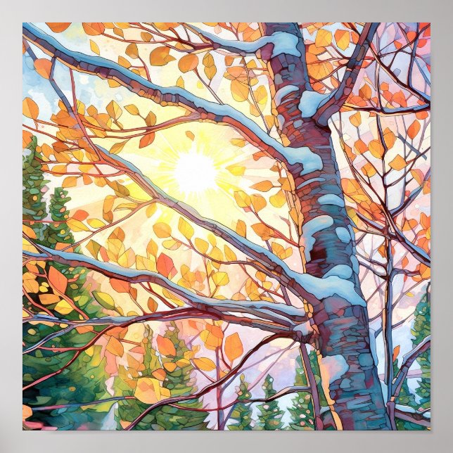 Sunset Forest Watercolor Painting Poster (Front)