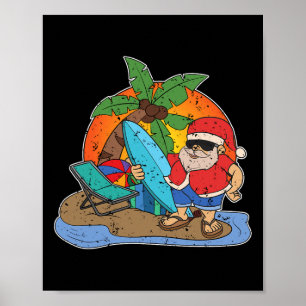 Sunset Funny Santa Claus Surfer Hawaiian Christmas Poster