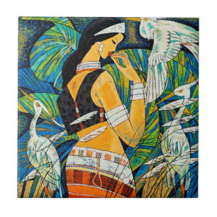Sunset Glow Hao Ping oriental abstract lady birds Tile