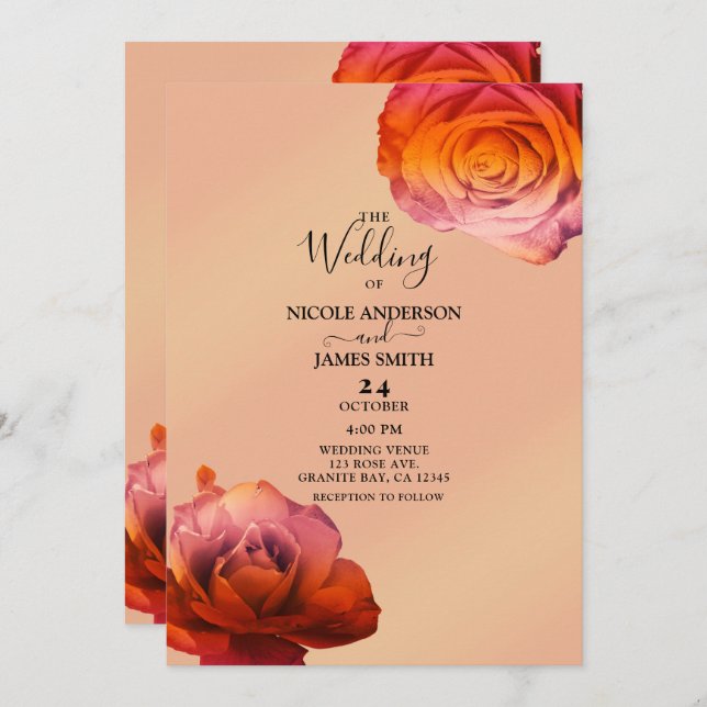 Sunset Glow Pink & Orange Roses Floral Wedding Invitation (Front/Back)