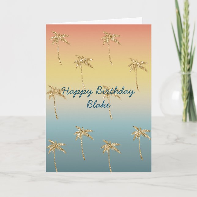 Sunset Gold Glitter Palm Trees Birthday Card (Front)