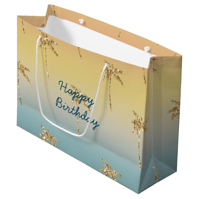 Sunset Gold Glitter Palm Trees Birthday Large Gift Bag (Front Angled)