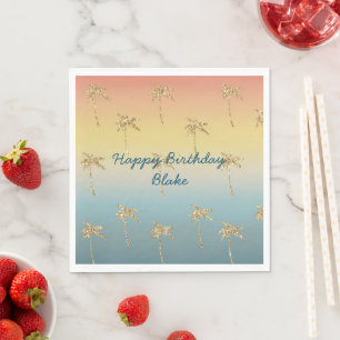 Sunset Gold Glitter Palm Trees Birthday Napkin