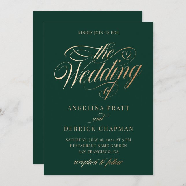 Sunset Gradient Emerald Green Calligraphy Wedding  Invitation (Front/Back)