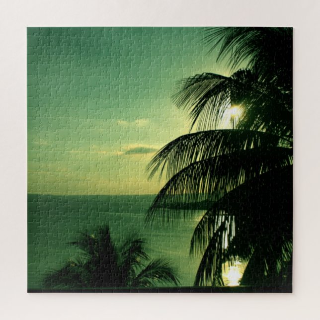 SunSet Green Blue Sky & Sea Silhouetted Palm Tree Jigsaw Puzzle (Vertical)