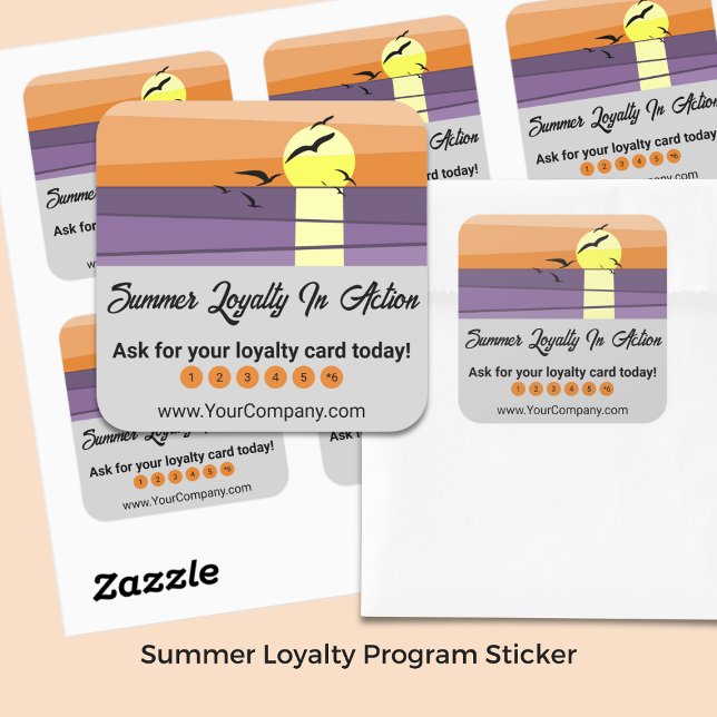 Sunset & Grey Template – Summer Loyalty Program Square Sticker (Sunset & Gray Template – Summer Loyalty Program Square Sticker)