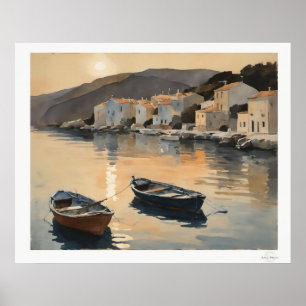Sunset Harbour Reflection Oil Painting Art Print