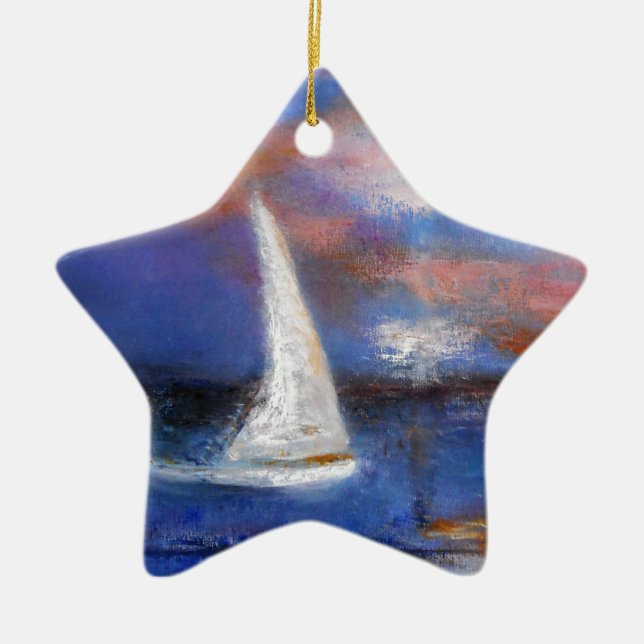 Sunset Harbour Sail Seascape Painting Ceramic Tree Decoration (Front)