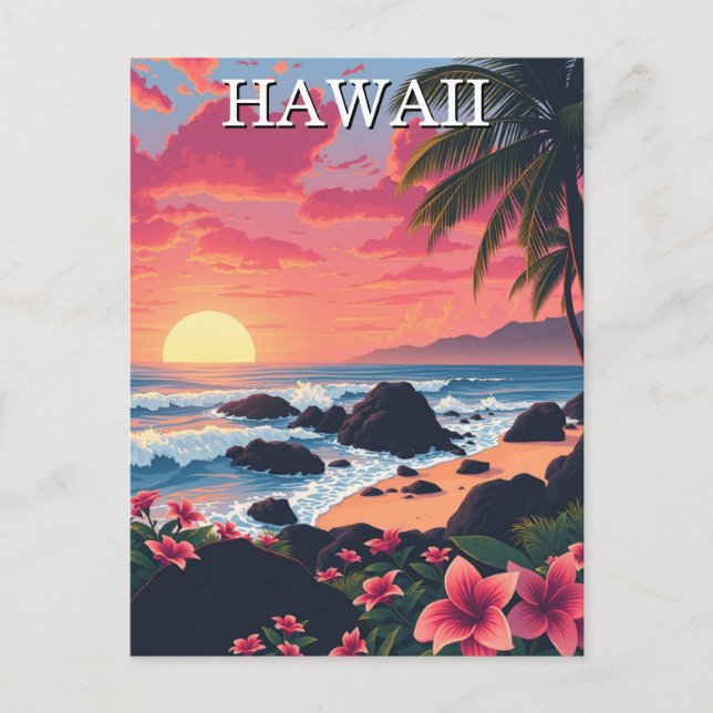 Sunset Hawaii Aloha Vintage Travel Postcard (Front)