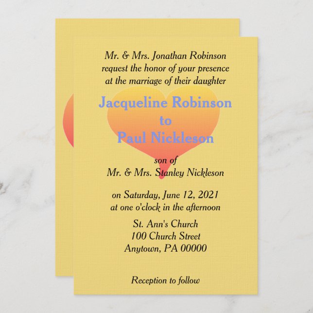 Sunset Heart Mellow Yellow Blue Wedding Invitation (Front/Back)