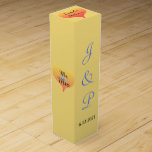 Sunset Heart Mellow Yellow Wedding Wine Box<br><div class="desc">Romantic hearts with sunset shades in golden yellow orange to pink hues adorn the box sides with the wording, Mr. and Mrs. inside of hearts. Soft mellow yellow wedding wine favour boxes. Personalise with the Bride and Grooms First Name Monogrammed Initials and Wedding Date in elegant blue script on front...</div>