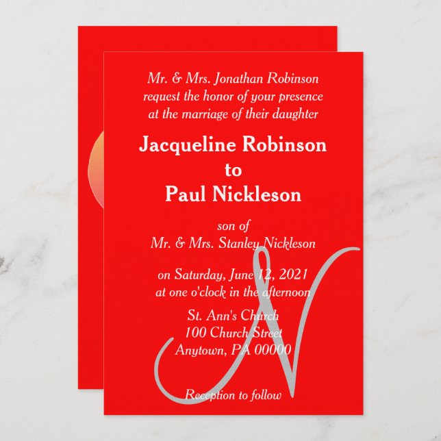 Sunset Heart Red Monogram Wedding Invitation (Front/Back)