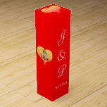 Sunset Heart Red Wedding Wine Box<br><div class="desc">Romantic hearts with sunset shades in golden yellow to pink hues adorn the box sides with the wording, Mr. and Mrs. inside of hearts. Bright red and white wedding wine favour boxes. Personalise with the Bride and Grooms First Name Monogrammed Initials and Wedding Date in white text on front of...</div>