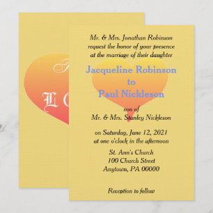 Sunset Heart Soft Yellow Blue Wedding Invitation
