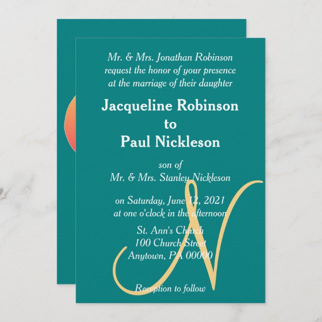 Sunset Heart Teal Green Gold Monogram Invitation (Front/Back)