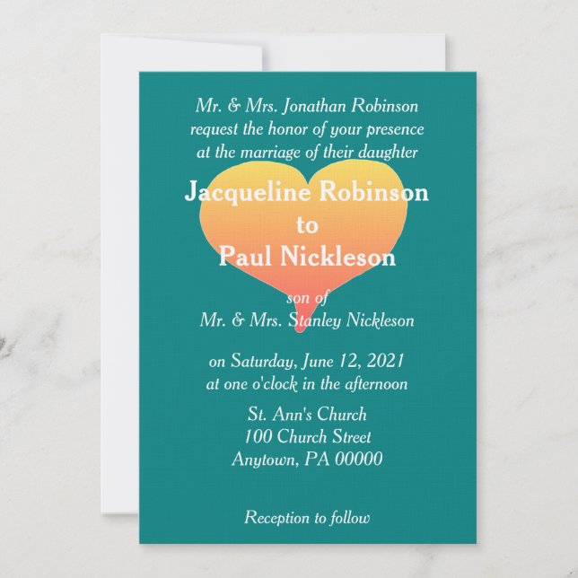 Sunset Heart Teal Green Wedding Invitation (Front)