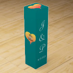 Sunset Heart Teal Green Wedding Wine Box<br><div class="desc">Romantic hearts with sunset shades in golden yellow orange to pink hues adorn the box sides with the wording, Mr. and Mrs. inside of hearts. Pretty teal green wedding wine favour boxes. Personalise with the Bride and Grooms First Name Monogrammed Initials and Wedding Date in white text on front of...</div>