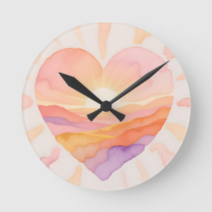 Sunset Heart Watercolor Serenity Round Clock