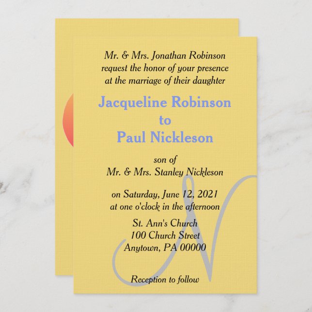 Sunset Heart Yellow Blue Monogram Wedding Invitation (Front/Back)