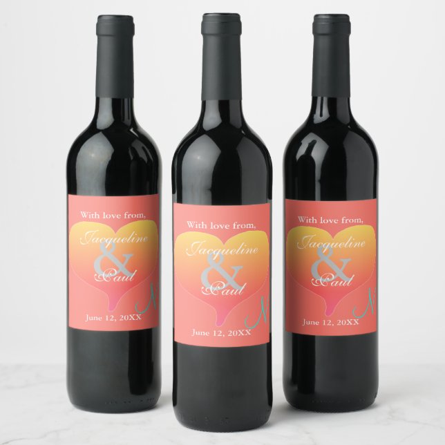Sunset Hearts Coral Monogram Wine Label (Bottles)