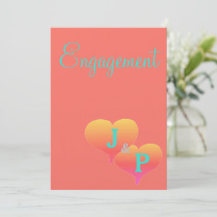 Sunset Hearts Coral Turquoise Monogram Engagement Invitation
