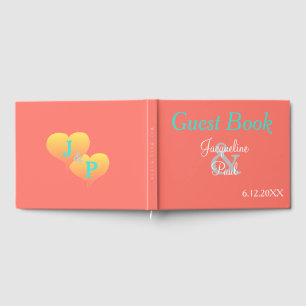 Sunset Hearts Coral Wedding Monogram Guest Book