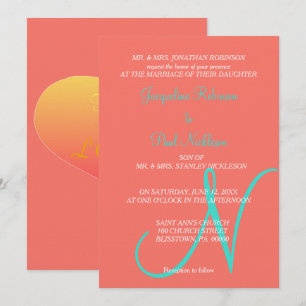 Sunset Hearts Monogram Coral Turquoise Invitation