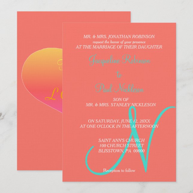 Sunset Hearts Monogram Coral Turquoise Invitation (Front/Back)