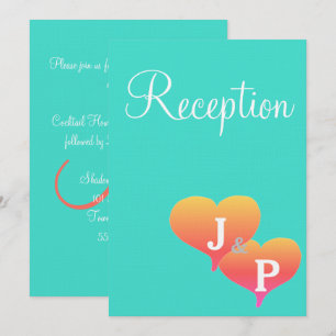 Sunset Hearts Monogram Turquoise Reception Cards