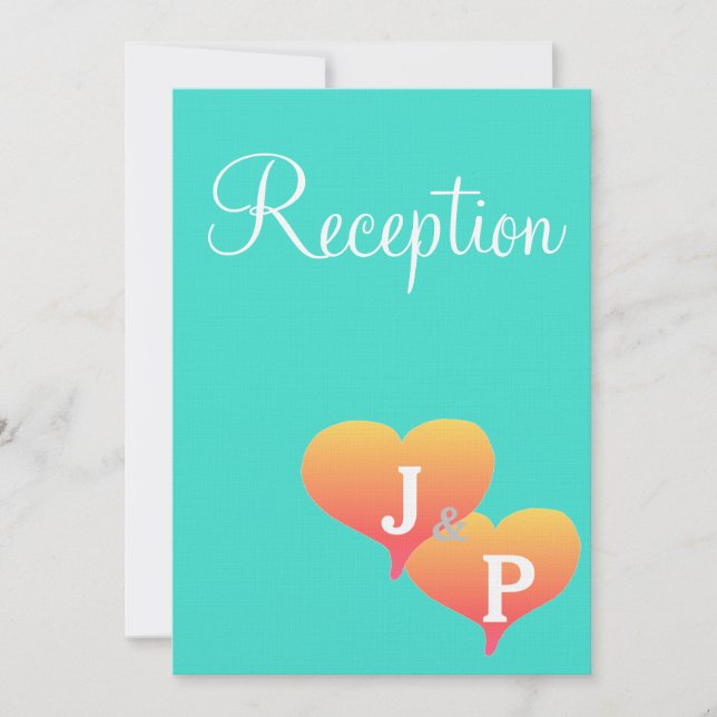 Sunset Hearts Monogram Turquoise Reception Cards (Front)