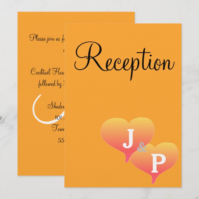 Sunset Hearts Orange Monogram Reception Cards (Front/Back)