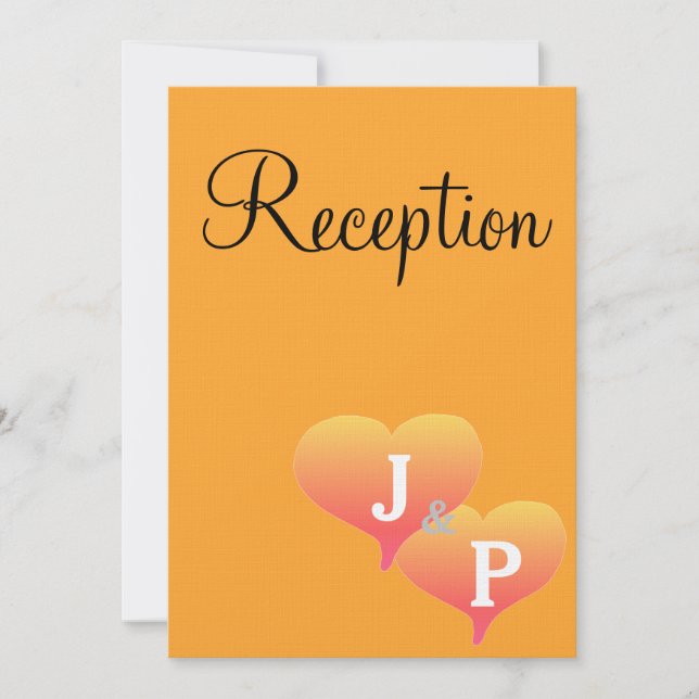 Sunset Hearts Orange Monogram Reception Cards (Front)