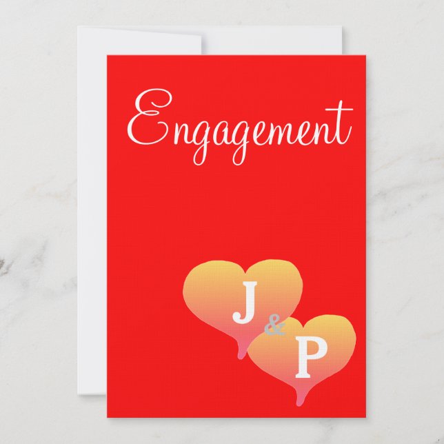 Sunset Hearts Red Monogram Engagement Invitation (Front)