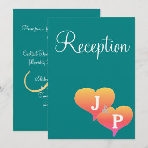 Sunset Hearts Teal Green Gold Monogram Invitation