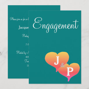 Sunset Hearts Teal Green Monogram Engagement Invitation