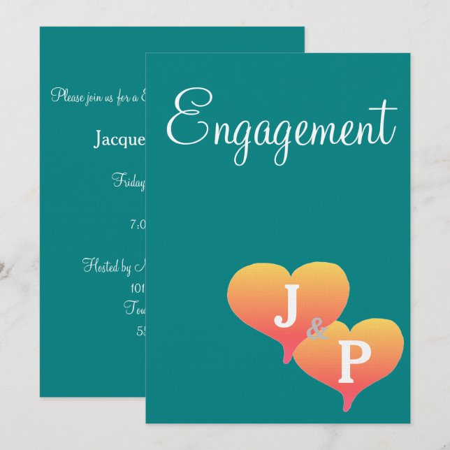 Sunset Hearts Teal Green Monogram Engagement Invitation (Front/Back)