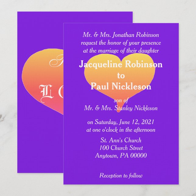 Sunset Hearts Violet Wedding Invitation (Front/Back)