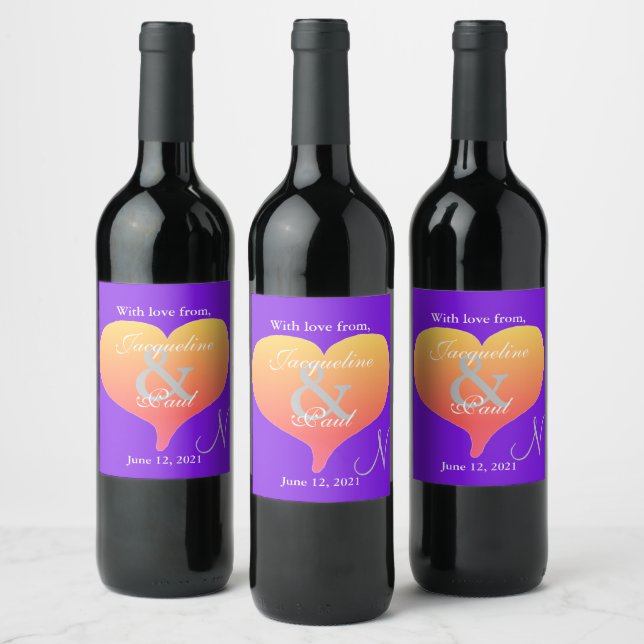 Sunset Hearts Violet Wedding Monogram Wine Label (Bottles)