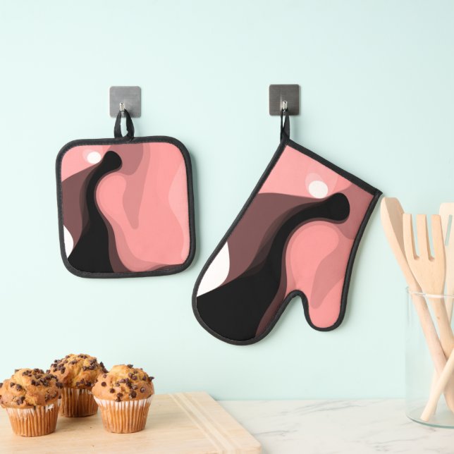 Sunset Horizon: Abstract Pink, Black & White Oven Mitt & Pot Holder Set (Insitu(Hanging))