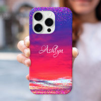 Sunset hot pink blue clouds confetti dot name bold