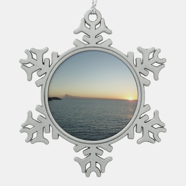 Sunset in Antigua II Island Seascape Snowflake Pewter Christmas Ornament (Front)