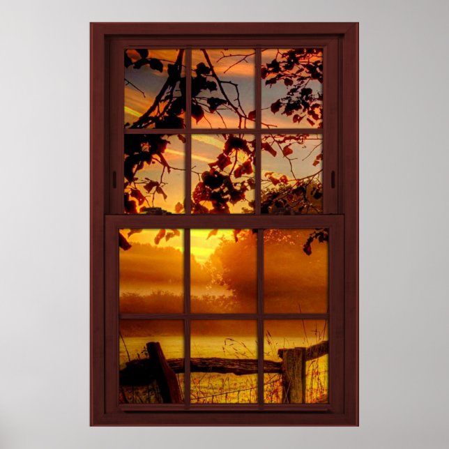 Sunset in Autumn Faux Cherry Wood Window Poster (Front)