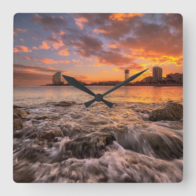 Sunset In Barcelona Square Wall Clock (Front)