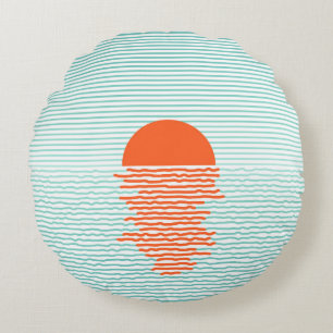 Sunset in ocean - striped background. line artsuns round cushion