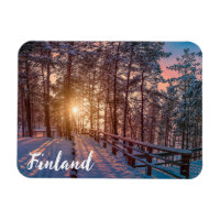 Sunset in snowy pine forest with sun ray