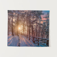 Sunset in snowy pine forest with sun ray