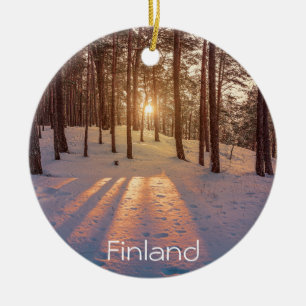 Sunset in snowy winter pine forest ceramic tree decoration
