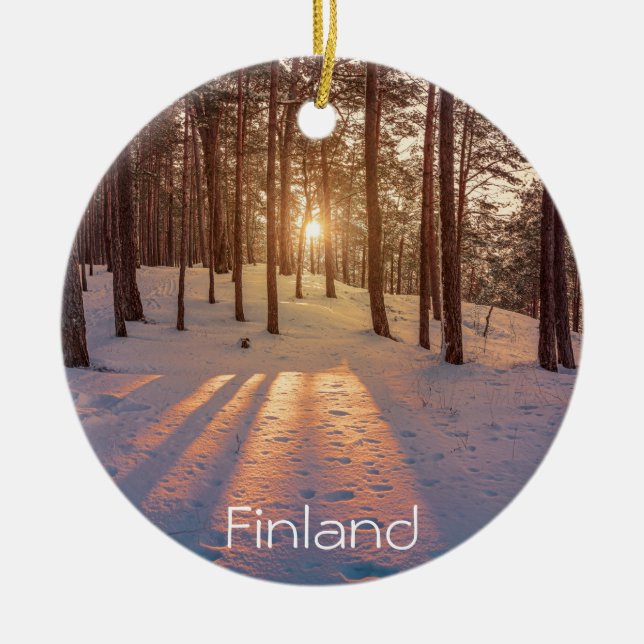 Sunset in snowy winter pine forest ceramic tree decoration (Front)